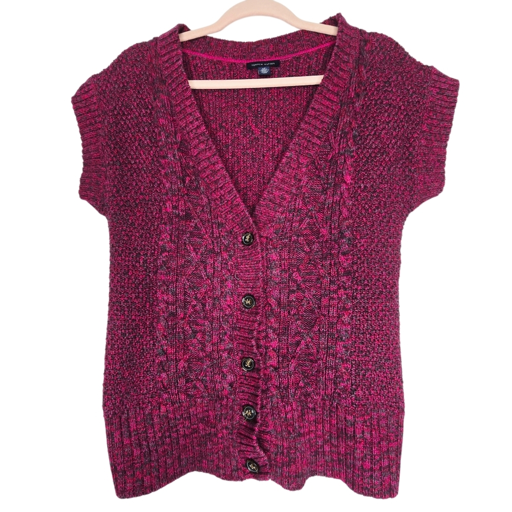 Tommy Hilfiger cable knit button-down sweater vest V-neckline and cap sleeves